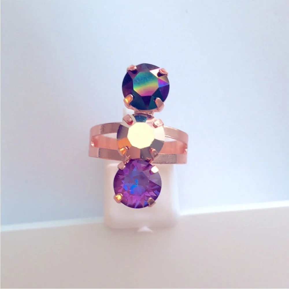 Gold, Iridescent Black + Burgundy Rose Gold Crystal Ring
